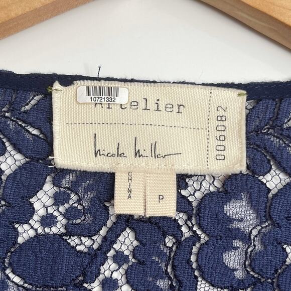Nicole Miller Artelier Navy Blue Silk Ruffle Lace Blouse US Petite - Picture 5 of 5